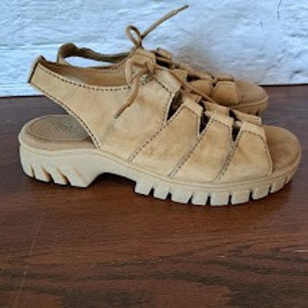 Earth Shoe Elm 2 Tan Leather Fisherman Sandals Lug Sole Lace Up Womens 10